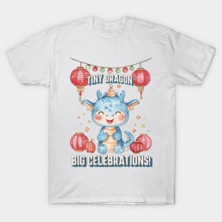 Celebrating with Tiny Dragon: Red & Baby Blue Watercolor Art T-Shirt